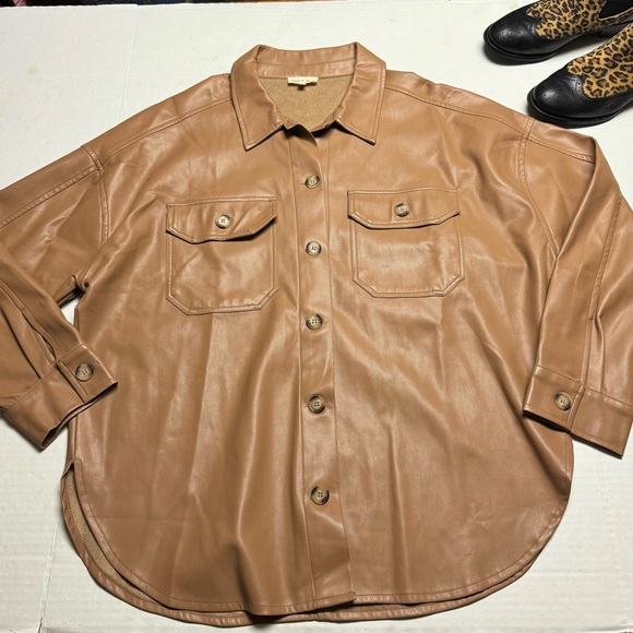 Aaron & Amber Faux Leather Shacket (Shirt Jacket) In Camel Brown Size: Large - Picture 1 of 13